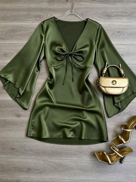 Dresses & Skirts - Solid Color Satin Women's Flared Sleeve V-Neck Short Dress